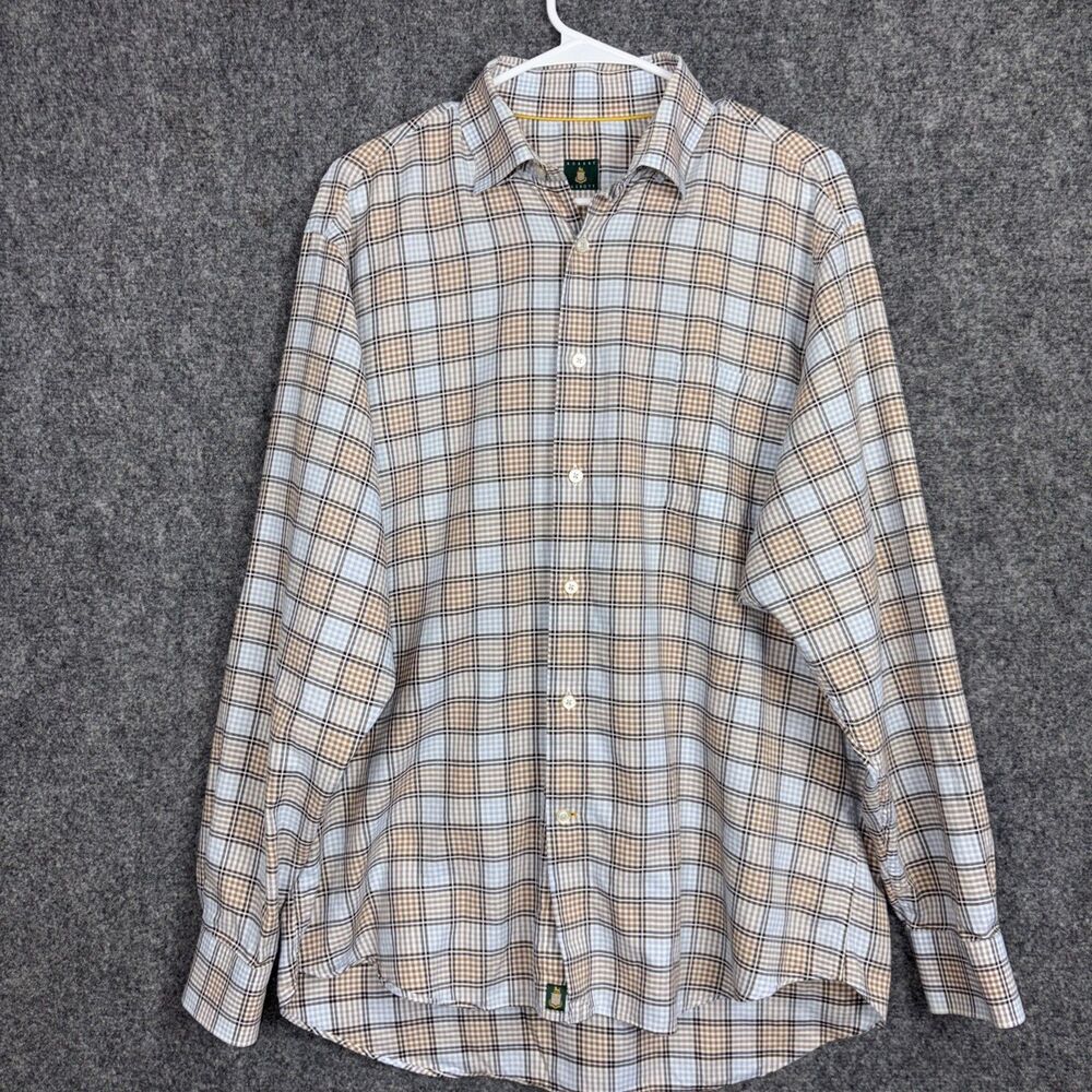 Robert Talbott Shirt Mens Size L Check Plaid blue Brown Casual
